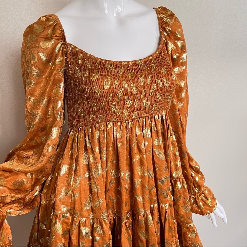 Aron Rust and Gold Velvet Smocked Mini  Dress NWT - Picture 3 of 7